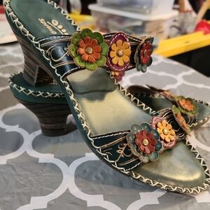 Spring Step Teal Floral Leather Snub Heeled Sandals Size 7.5/8's Womens In Great